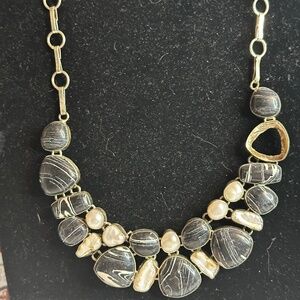 Sterling Silver Natural Black and White Stones Statement Necklace